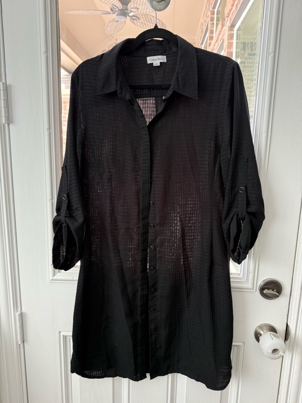 Calvin Klein Black Textured Long-Sleeve Button-Down Shirt Dress